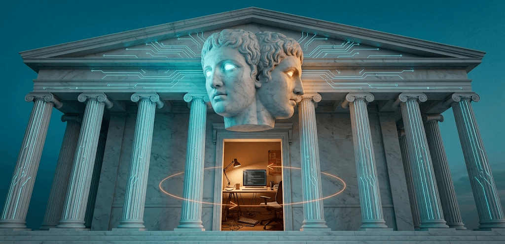 Janus at the gate. One face shows the public internet. The other opens directly onto the developer's machine - and the request walks through both without noticing the difference.