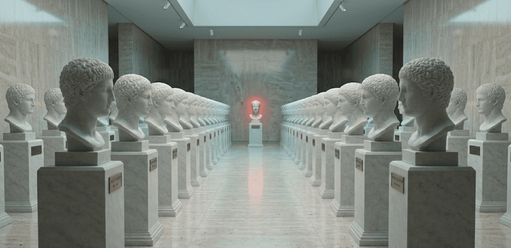 The hall of Eidola. Every bust is a perfect copy - except one. Registry recon is just the modern art of carving the wrong twin.